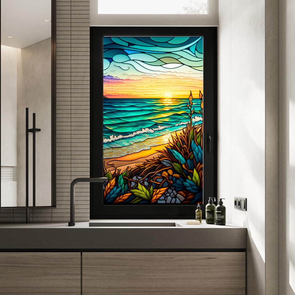 Pellicola per finestre in PVC Garvee 60x100cm motivo tramonto sul mare, protezione UV, isolamento termico, colorata, per finestre residenziali e uffici