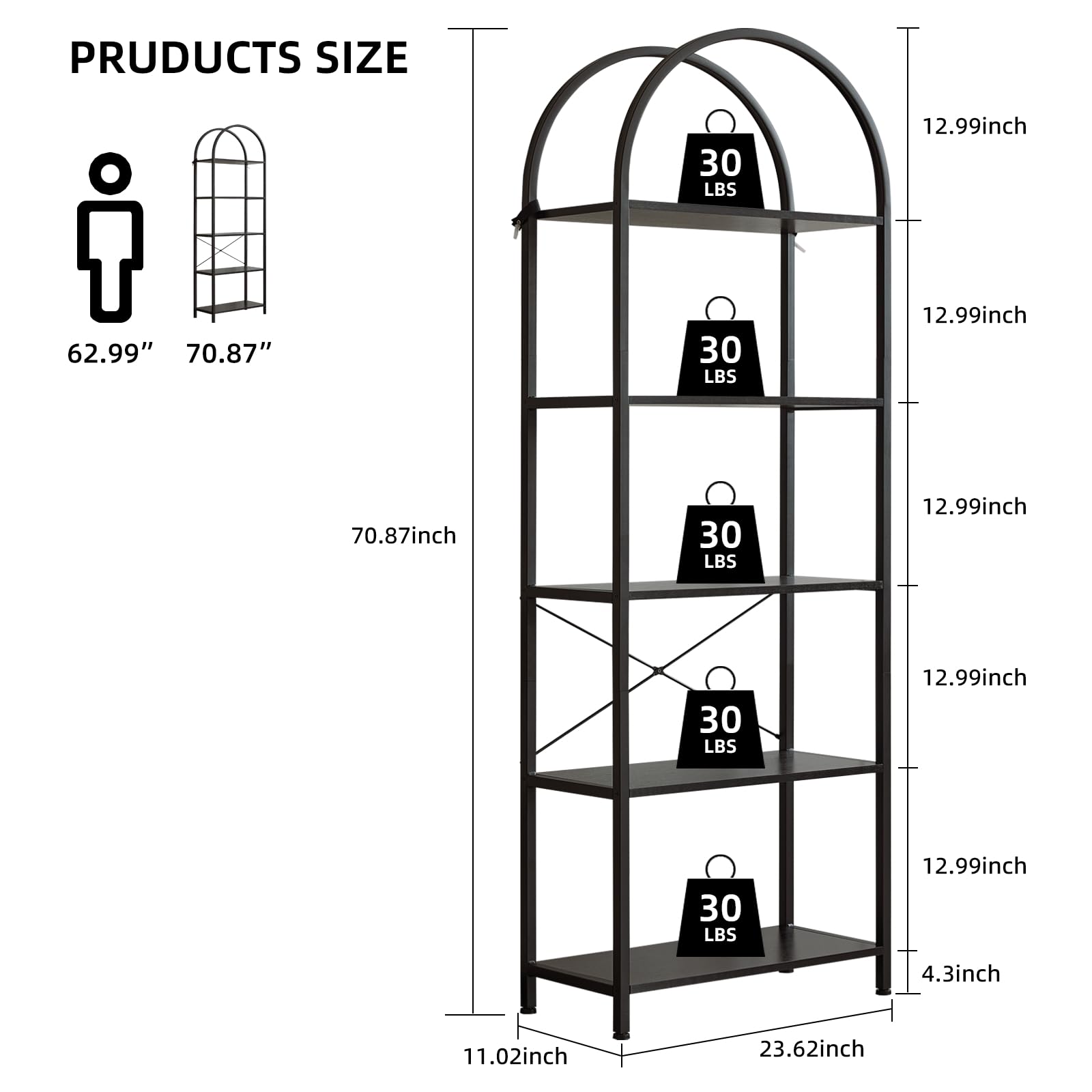 Libreria ad arco Garvee a 5 ripiani con struttura in metallo, moderna, aperta, per soggiorno, ufficio, camera da letto, robusta, antigraffio, effetto legno