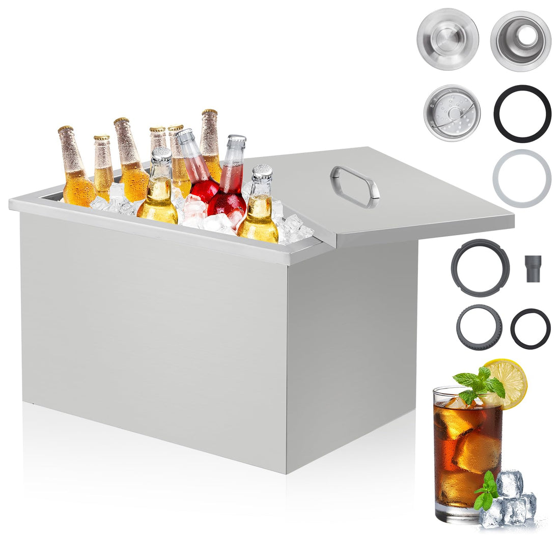 Ghiacciaia Garvee Drop-In da 25 QT, contenitore per ghiaccio in acciaio inox con coperchio e scarico per feste all'aperto e bar, 25 QT, argento