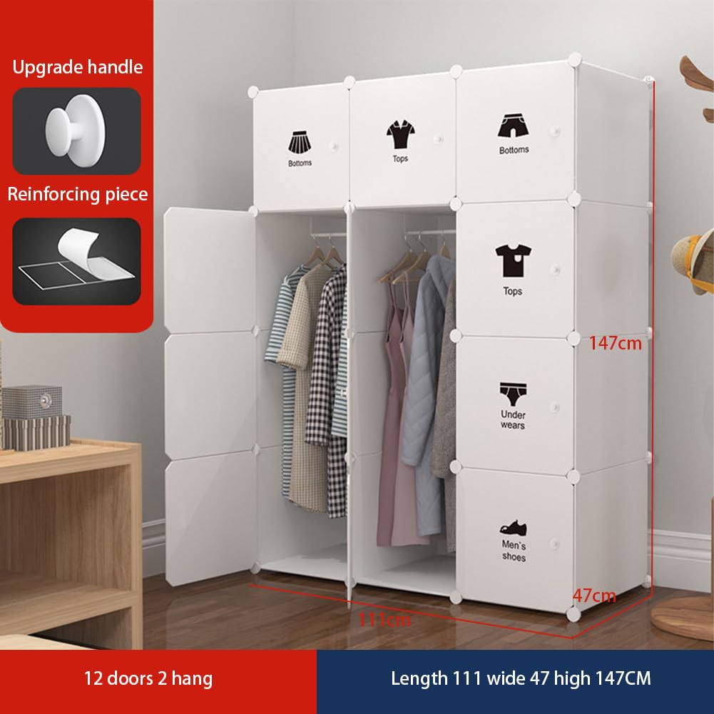 Armadio portatile Garvee con 12 scomparti, ante e asta appendiabiti, contenitore modulare in plastica per camera da letto, 75 x 47 x 111 cm, bianco