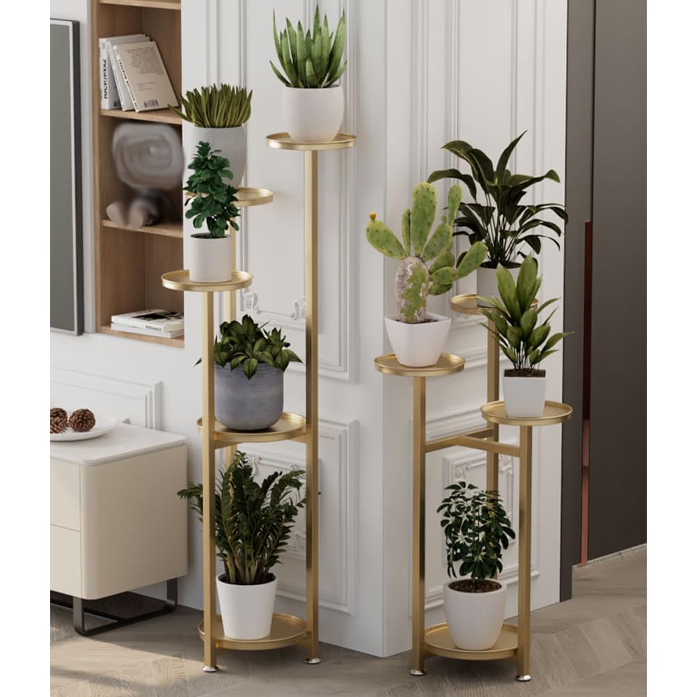 Supporto per piante multilivello Garvee, mensola angolare, altezza 120 cm, acciaio dorato e bambù, per soggiorno, balcone, salvaspazio