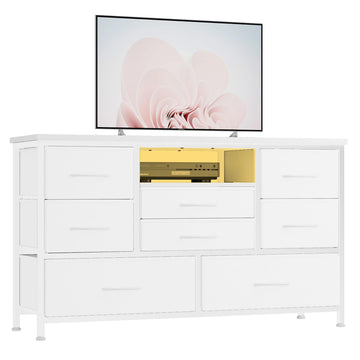 Mobile TV Garvee a 8 cassetti con illuminazione a LED e presa di corrente per soggiorno e camera da letto, bianco, ampio spazio di archiviazione