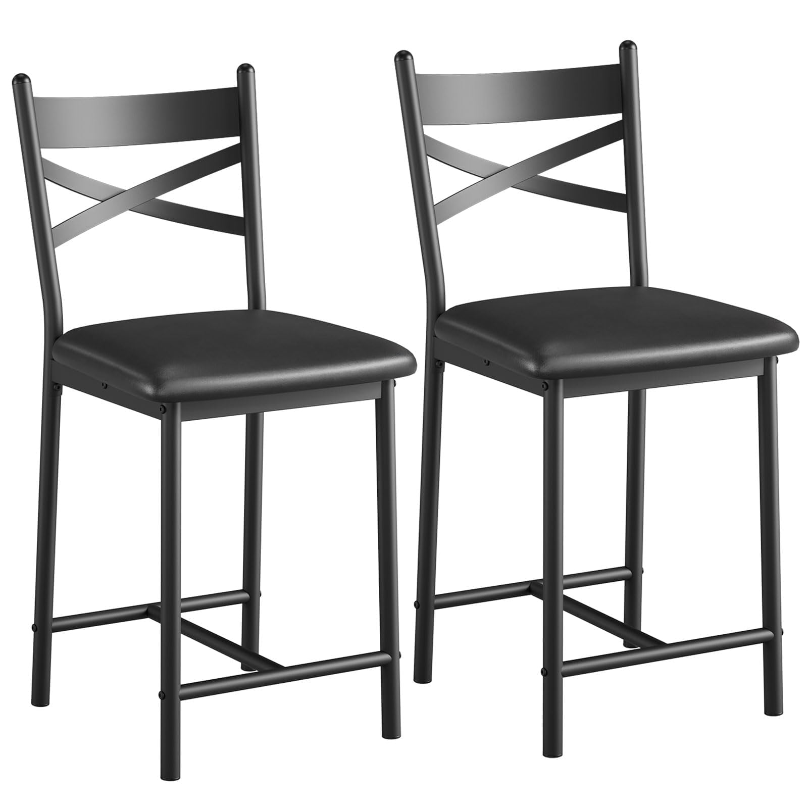 Set di 2 sgabelli da bar Garvee, struttura in metallo, seduta in PU, design a X, schienale, poggiapiedi, 26" nero, isola cucina, sala da pranzo