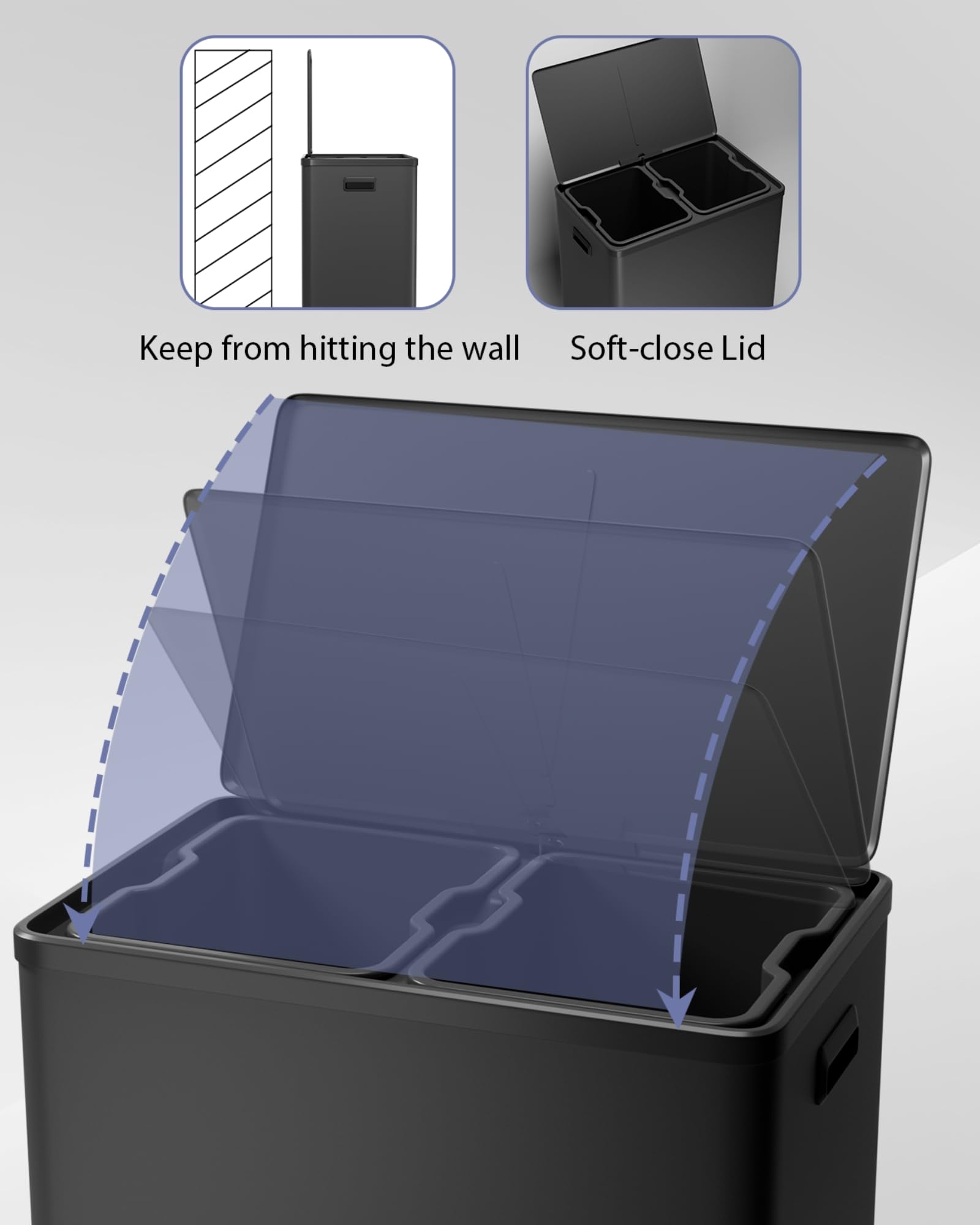 Pattumiera Garvee Double in acciaio inox con coperchio e pedale per cucina e riciclaggio, 2x8L, silenziosa, compatta, argento