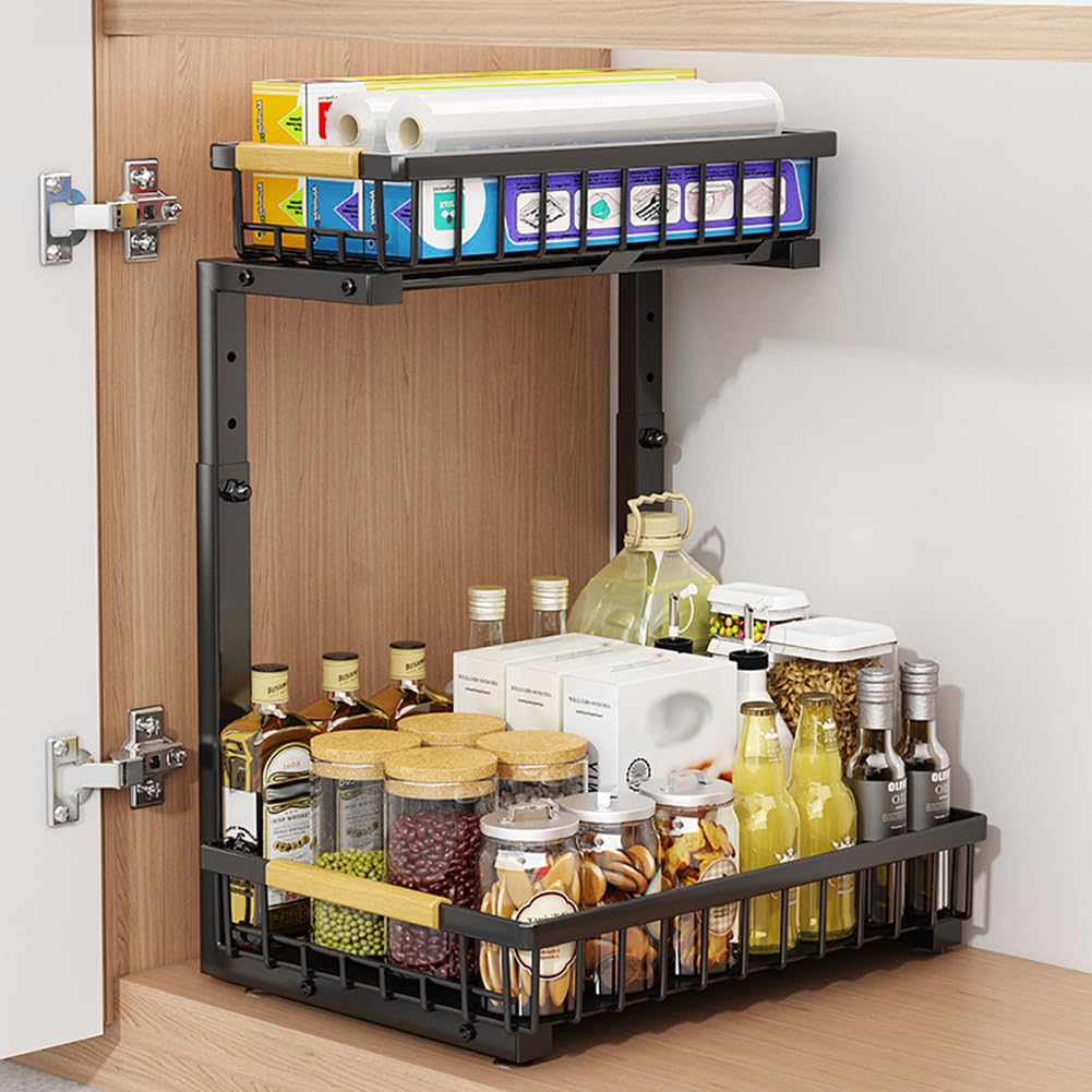 Garvee Organizer sottolavello in formato L con ripiano scorrevole a 2 livelli per cucina e bagno, altzza regolabile, antiruggine, acciaio al carbonio