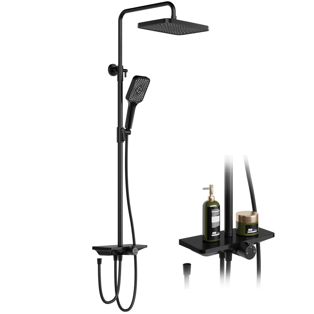 Sistema doccia Garvee Rain senza raccordi con mensola in acciaio inox nero 30x20,5 cm