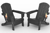 Set 2 Sedie Adirondack Pieghevoli HDPE Nero per Patio e Giardino, Resistente Intemperie, Portabicchiere Regolabile, Legno Testurizzato, 76 cmP x 74 cmL x 90 cmA - Nero