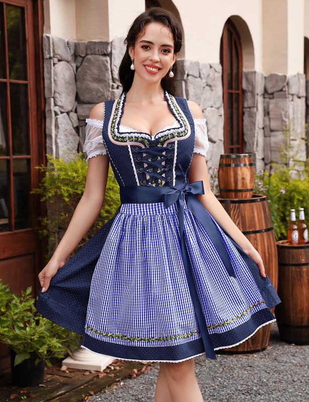 Abito tradizionale Dirndl midi da donna Garvee, 3 pezzi, con camicetta in pizzo bianco e grembiule, blu navy, taglia 34