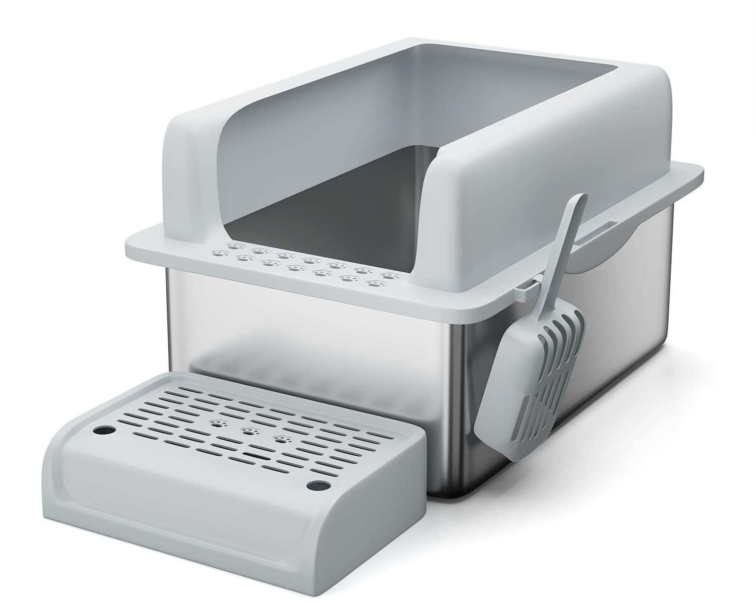 Lettiera per gatti Garvee XXL in acciaio inossidabile con bordo alto e paletta per gatti di grandi dimensioni e famiglie con più gatti, 23,6"x16", argento