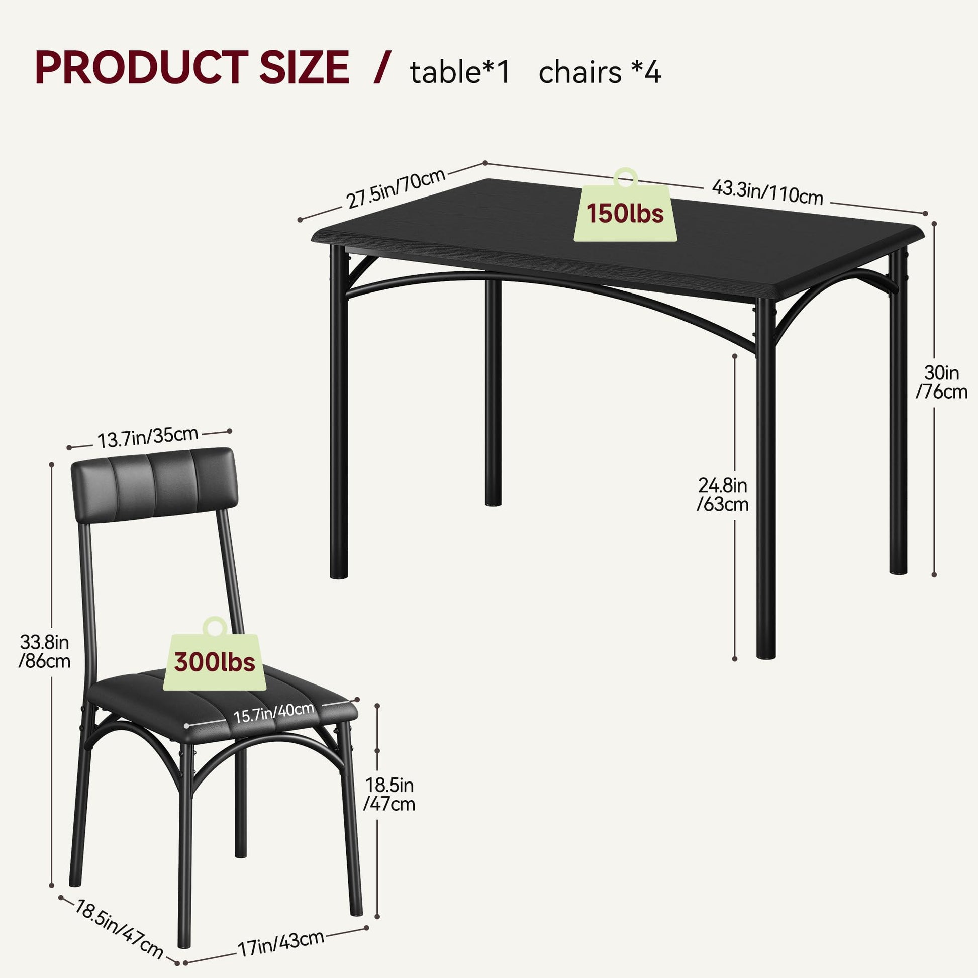 Set da pranzo Garvee da 5 pezzi, tavolo da pranzo rustico nero con sedie imbottite, per piccoli spazi, 44,33" L x 27,63" P x 30,03" H
