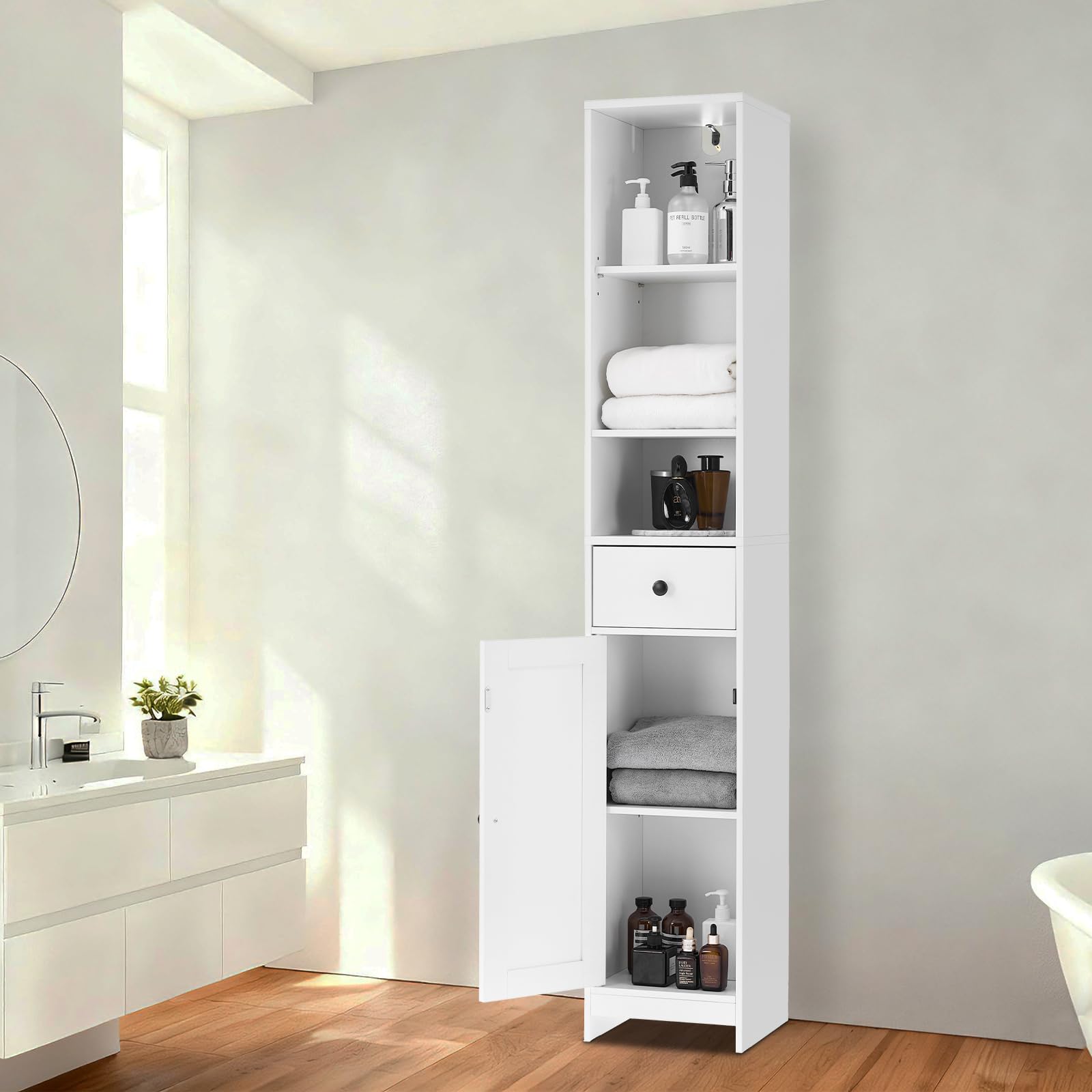 Mobiletto da bagno alto Garvee da 170 cm con ante scorrevoli, 3 ripiani, legno, nero, versatile per bagno e corridoio, sottile