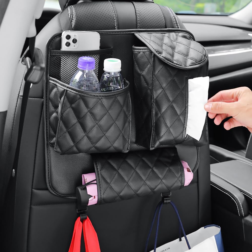 Garvee Organizer per seggiolino auto con portabicchieri, in pelle PU impermeabile, organizer da appendere al sedile posteriore per viaggi in famiglia, nero