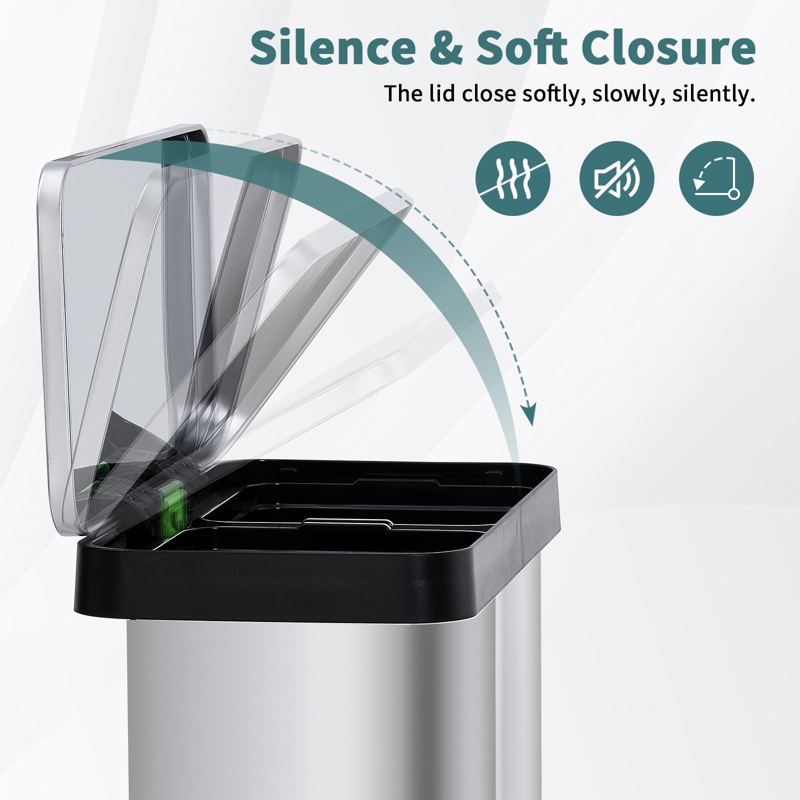 Pattumiera da cucina Garvee 2 x 36L Sistema di separazione dei rifiuti Pattumiera a pedale in acciaio inossidabile Doppio scomparto Senza contatto Basso rumore Argento