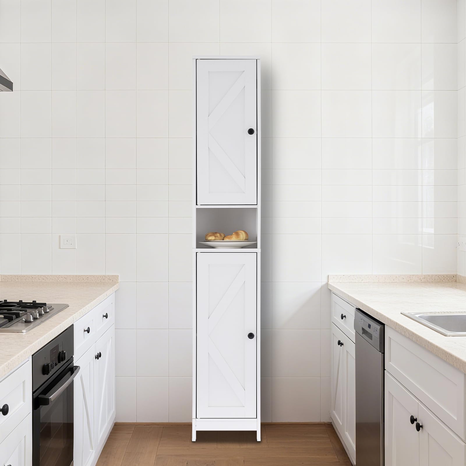 Mobiletto da bagno alto Garvee da 170.18 cm con 2 ante a battente, 1 cassetto per bagno e cucina, legno, stretto, robusto, versatile, acrilico trasparente, bianco
