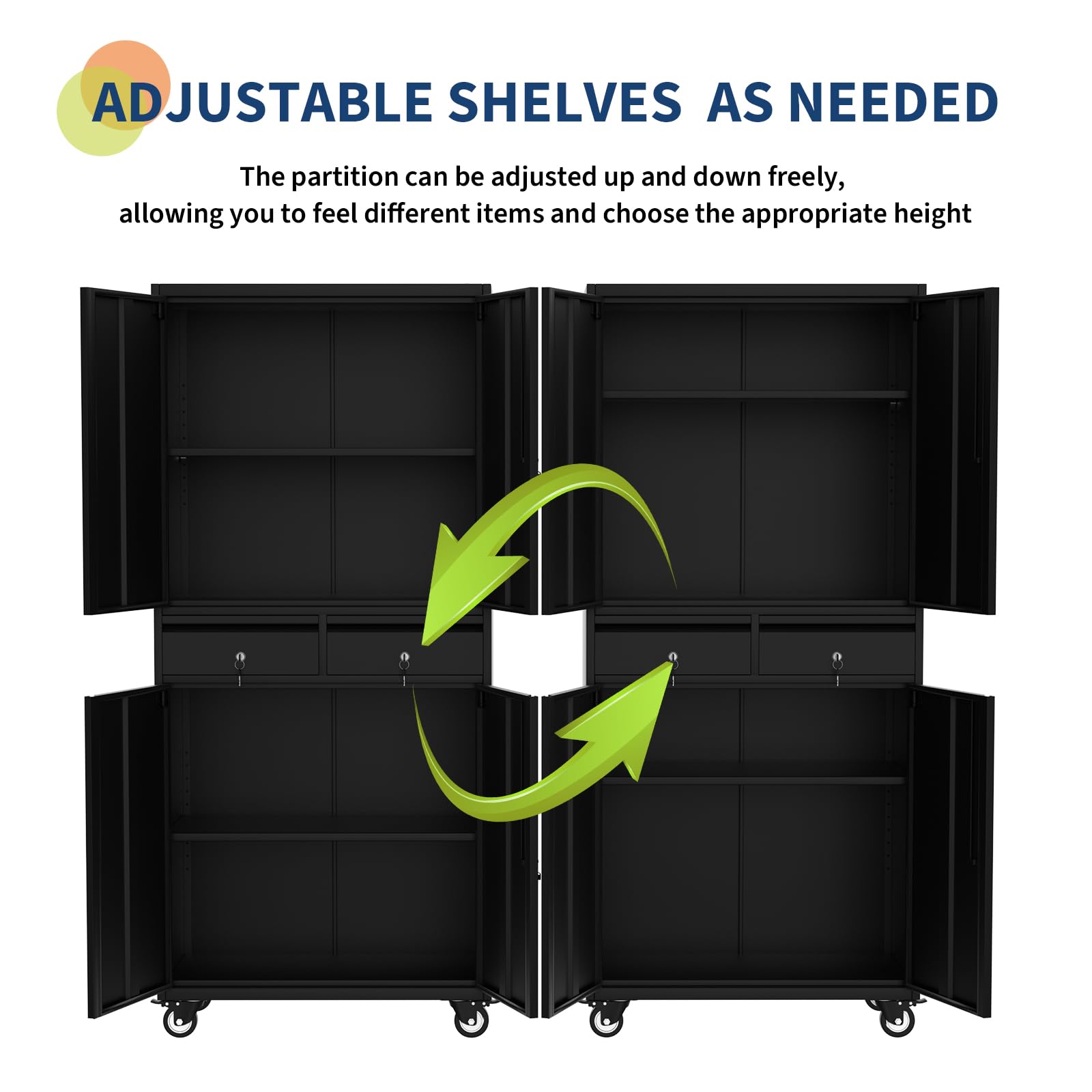 Armadio portaoggetti in metallo Garvee da 72" con ruote, ante con serratura e 2 cassetti per officina e garage, 72"x31,5"x16,5", verniciato a polvere