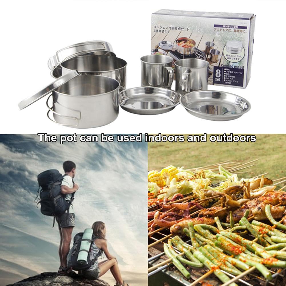 Set di pentole da campeggio Garvee, 8 pezzi, acciaio inossidabile, leggero, compatto, per picnic all'aperto ed escursioni