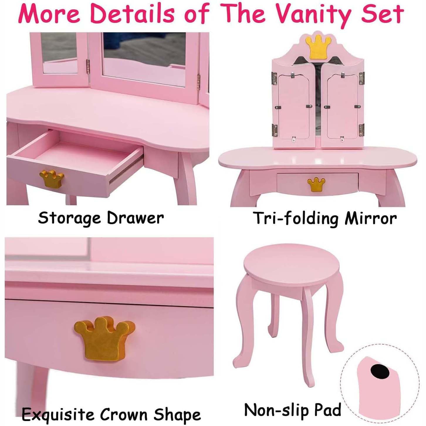 Garvee Tocador Infantil De Madera 2 En 1 Con Espejo Triple Plegable Y Cajón Para Niñas, Diseño Princesa, MDF Resistente, Taburete, Habitación Infantil