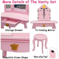 Garvee Tocador Infantil De Madera 2 En 1 Con Espejo Triple Plegable Y Cajón Para Niñas, Diseño Princesa, MDF Resistente, Taburete, Habitación Infantil