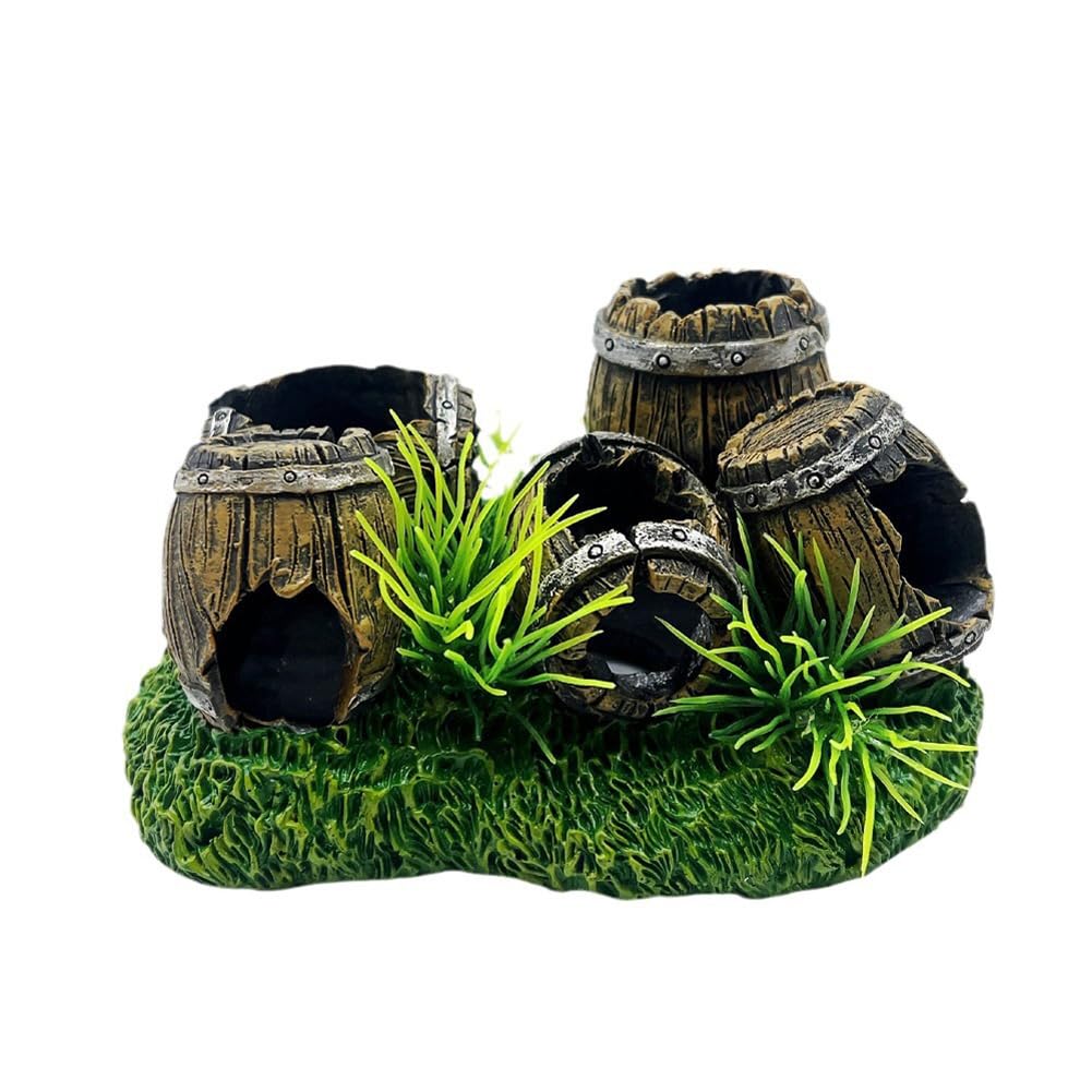Garvee Ornamenti per acquari a forma di botte di vino, nascondiglio per pesci in resina, grotta per acquari, gamberetti, per riposare e giocare, colore naturale