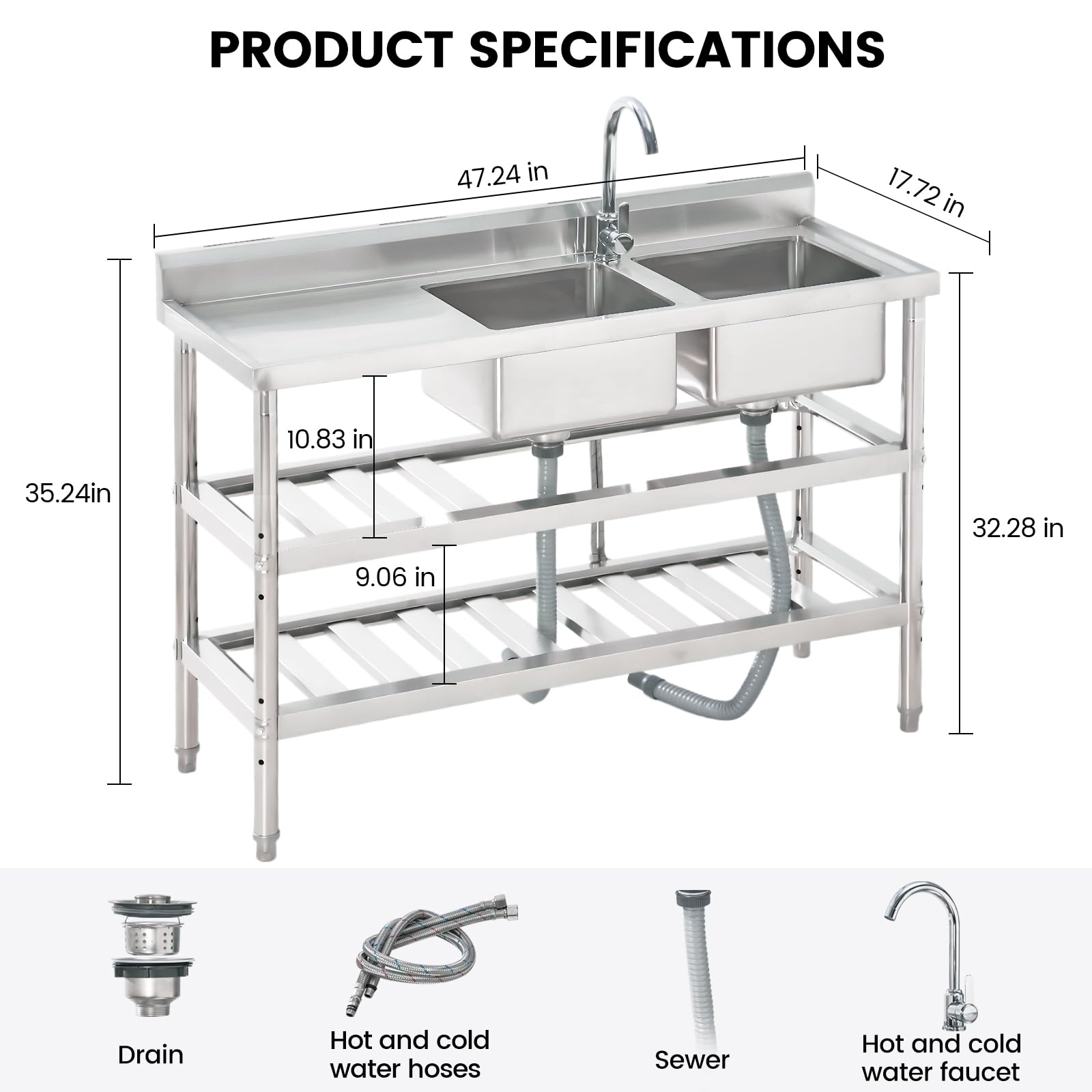 Lavello in acciaio inox Garvee da 47 pollici a doppia vasca - 119x46x81 cm, ampia superficie di lavoro con due vasche per cucine esigenti e famiglie numerose.