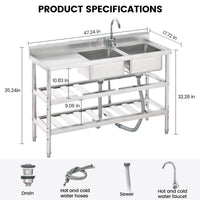 Lavello in acciaio inox Garvee da 47 pollici a doppia vasca - 119x46x81 cm, ampia superficie di lavoro con due vasche per cucine esigenti e famiglie numerose.