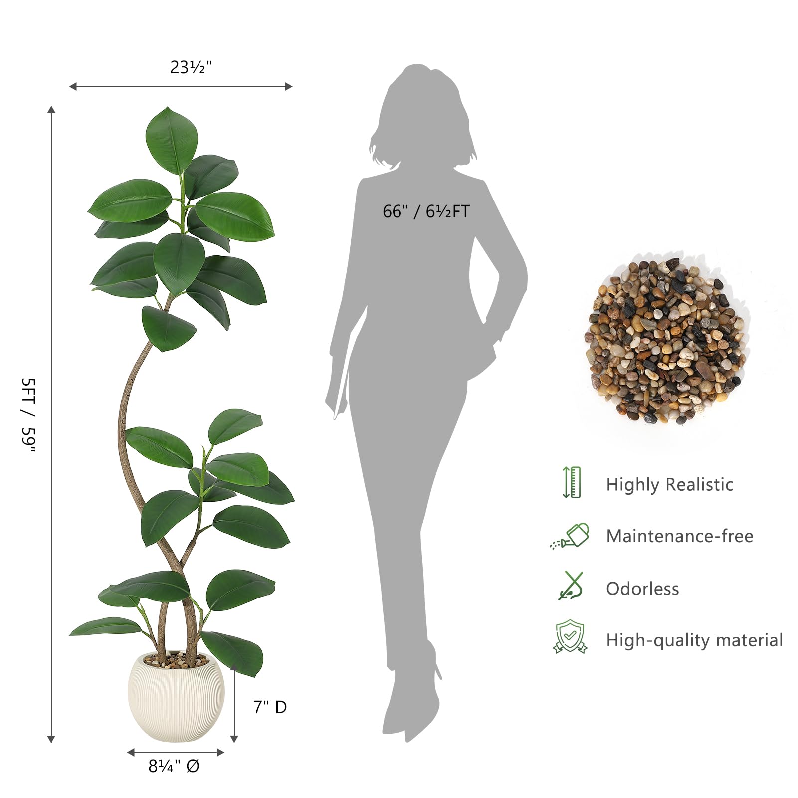 Albero di gomma artificiale Garvee da 5 piedi con vaso in resina bianca, resistente ai raggi UV, adatto a soggetti allergici, decorazione per interni e ufficio, marrone-bianco, realistico