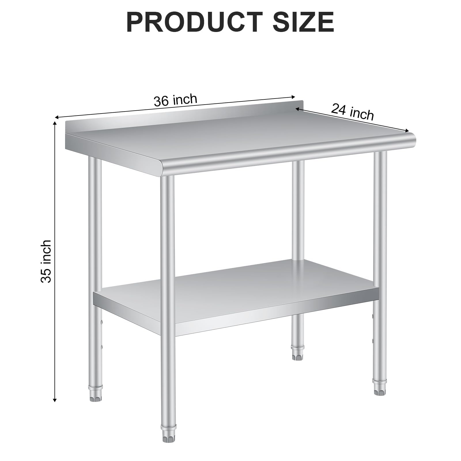 Tavolo da lavoro in acciaio inox Garvee 48x24" con pannello posteriore, base regolabile per ristoranti e casa, spessore 0,8 mm, robusto, antiscivolo