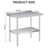 Tavolo da lavoro in acciaio inox Garvee 48x24" con pannello posteriore, base regolabile per ristoranti e casa, spessore 0,8 mm, robusto, antiscivolo