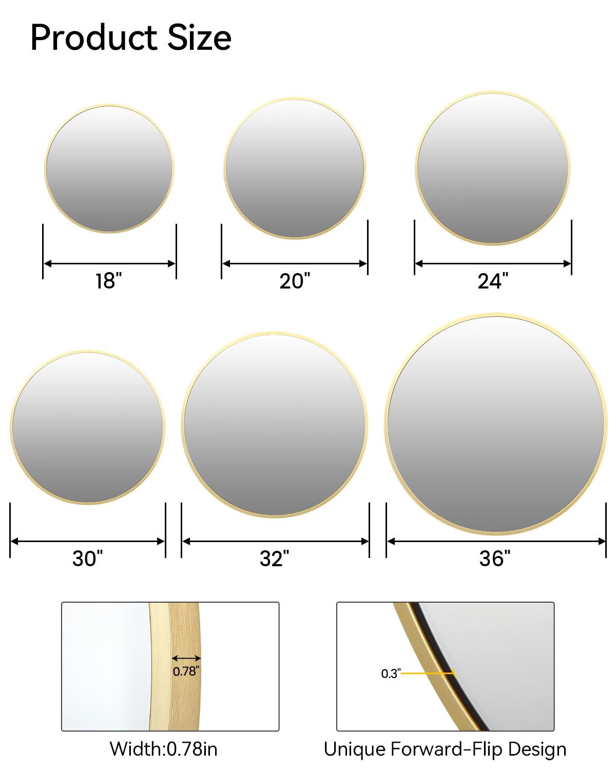 Specchio da bagno rotondo dorato Garvee da 24 pollici con vetro HD opaco e cornice in metallo, anti-distorsione, per il soggiorno