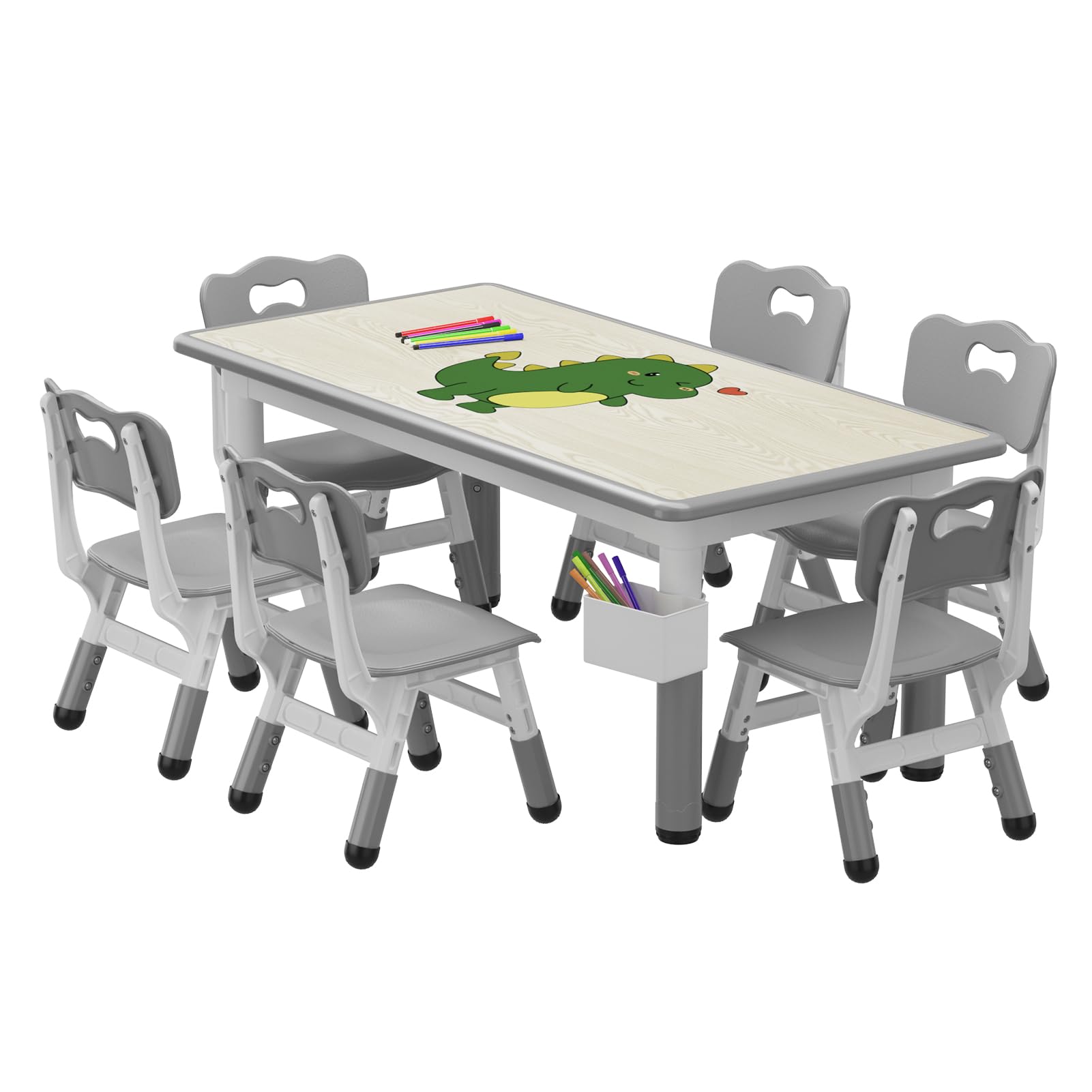Set tavolo e 6 sedie per bambini Garvee, altezza regolabile, design graffiti, piano del tavolo con gambe antiscivolo, design in legno, per l'asilo e l'uso domestico
