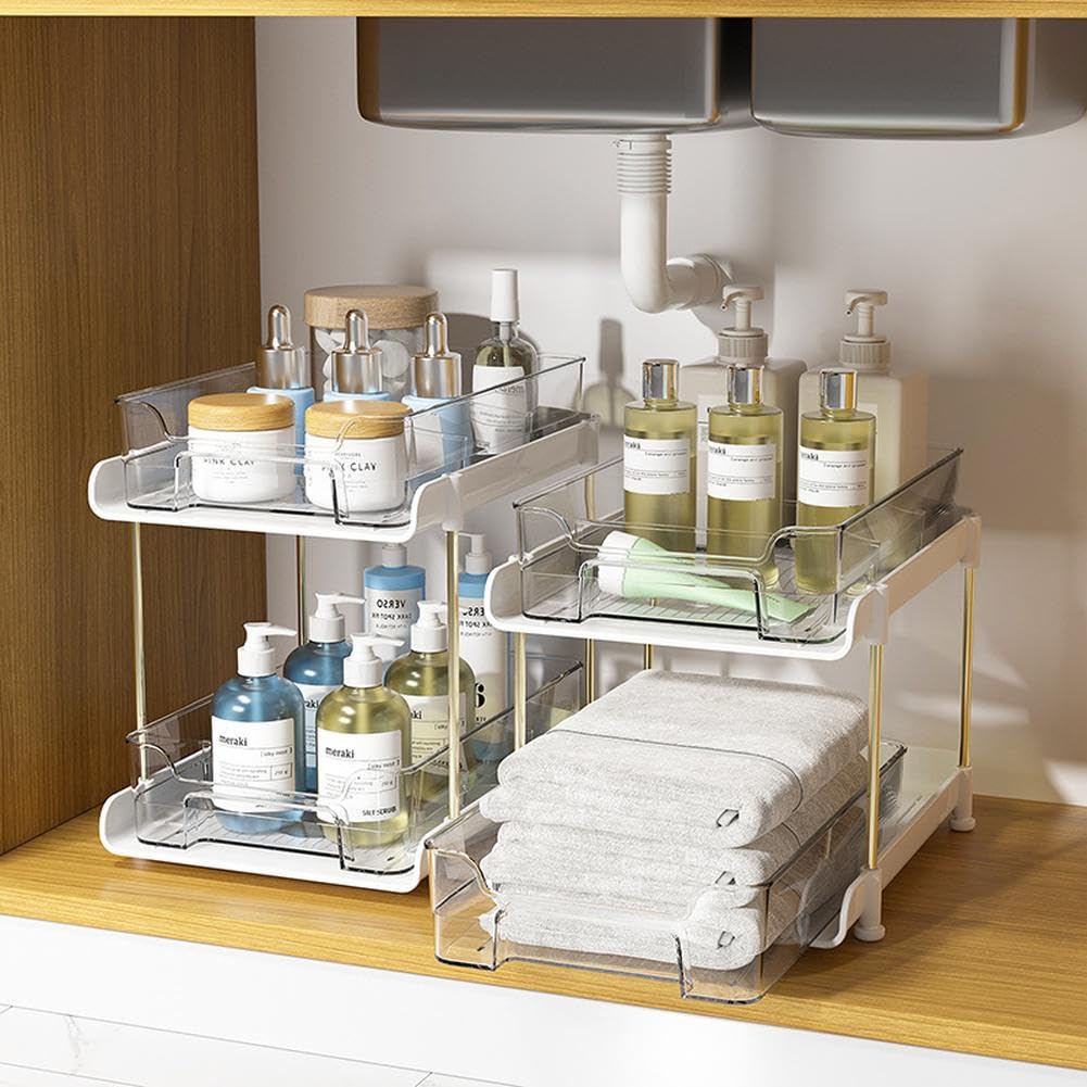 Garvee Clear Organizer per bagno con divisori in PET e acciaio inossidabile, estensibile, per cucina e bagno, trasparente, versatile