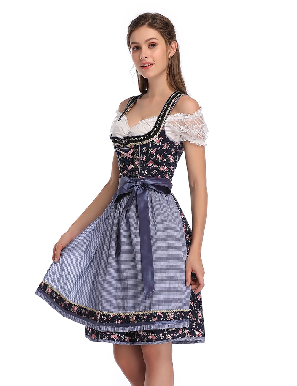 Garvee Abito Dirndl tradizionale da donna, 3 pezzi - Costume bavarese, abito midi, blu navy, taglia 36