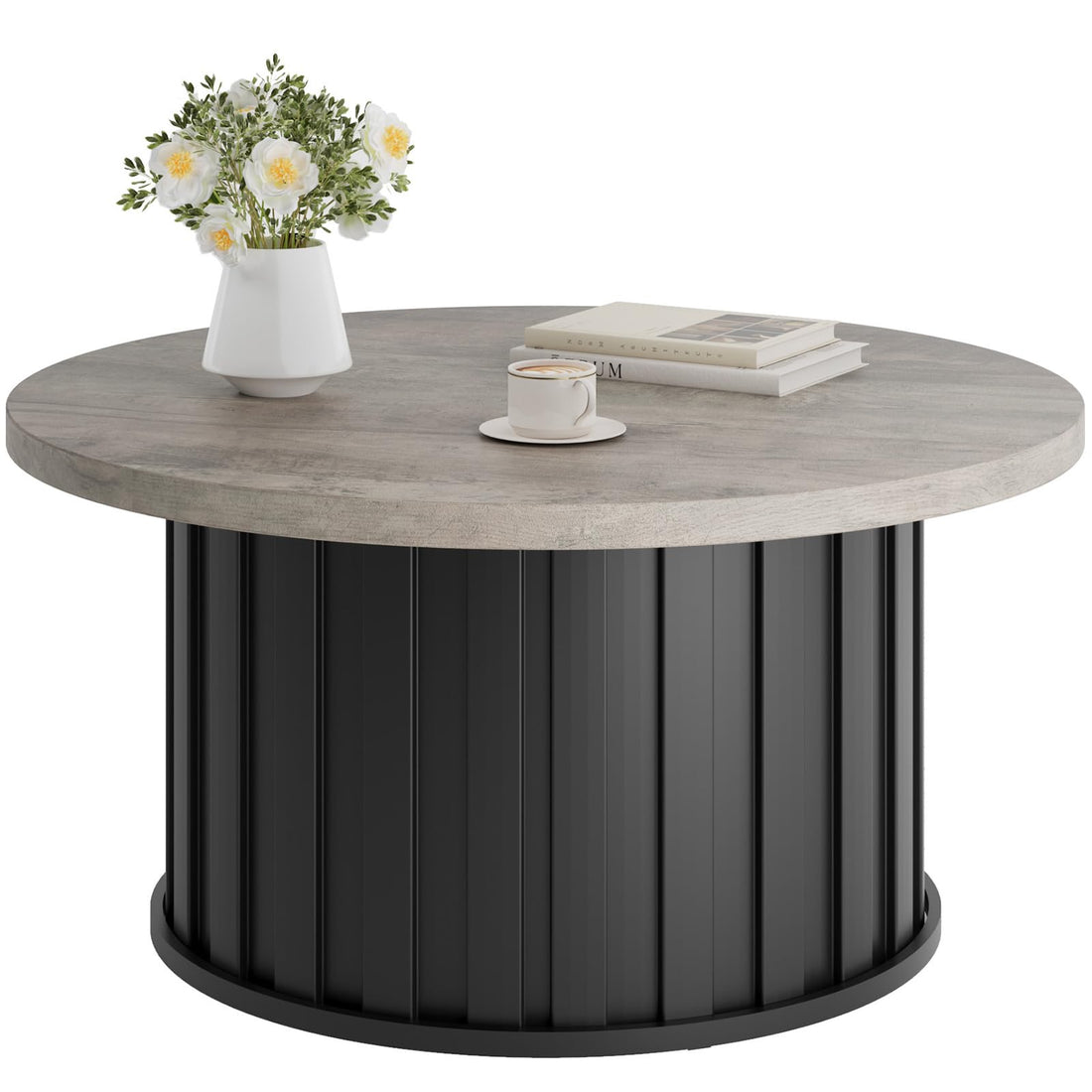 Tavolino da caffè rotondo Garvee, stile moderno di metà secolo, con struttura in metallo, piano scanalato da 31,9 pollici, in MDF nero, per soggiorno e appartamento
