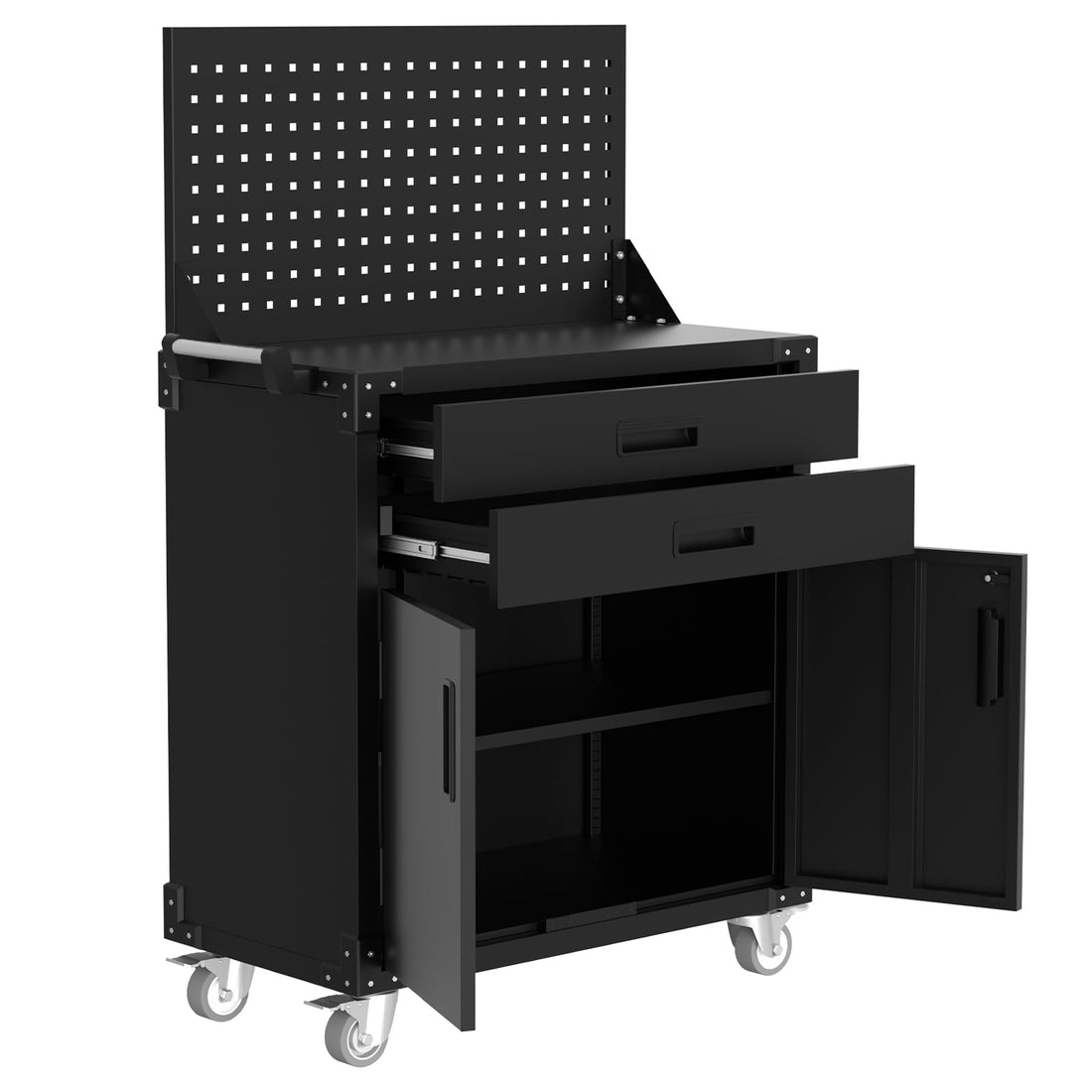 Carrello portautensili Garvee con ruote, in acciaio, 2 cassetti e pannello forato, chiudibile a chiave, per officina, 4 ruote