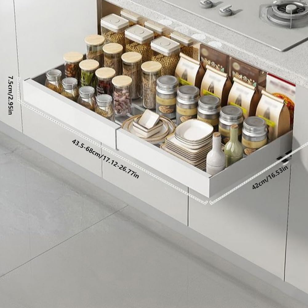 Garvee Organizer per cassetti estensibile, robusto e silenzioso, in acciaio al carbonio, regolabile senza attrezzi, per cucina e bagno, 42-68 cm, nero profondo