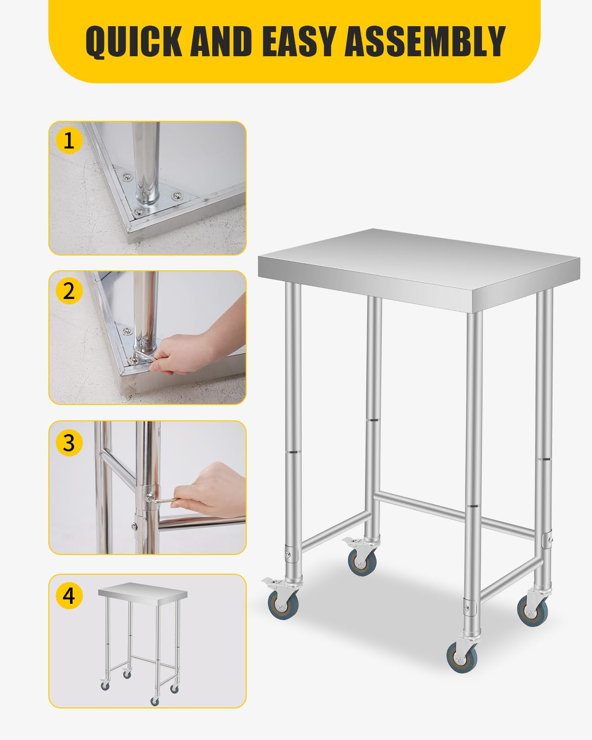 Tavolo da lavoro in acciaio inox Garvee 45.7x91.4 cm con ruote per cucina e officina, stabile, mobile, antiruggine, ergonomico, versatile