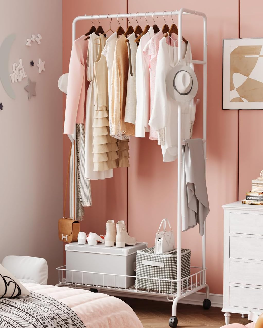 Appendiabiti in metallo Garvee con freni e ripiano, robusto e mobile, acciaio, bianco, per casa e ufficio, salvaspazio