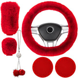 Garvee Coprivolante Soffice 6 Pezzi Accessori Auto in Peluche Rosso per Volante Freno a Mano Pomello del Cambio - Rosso