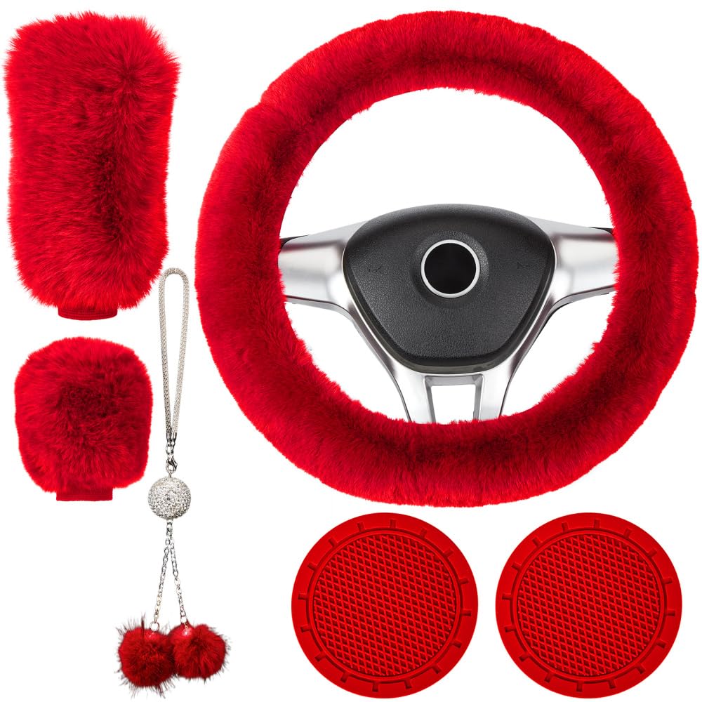 Garvee Coprivolante Soffice 6 Pezzi Accessori Auto in Peluche Rosso Invernale per Volante Freno a Mano Pomello del Cambio