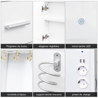Set da parrucchiere Garvee con specchio LED, 2 cassetti, 4 ripiani, piano in vetro, presa elettrica, porta asciugacapelli, bianco, design moderno per camera da letto