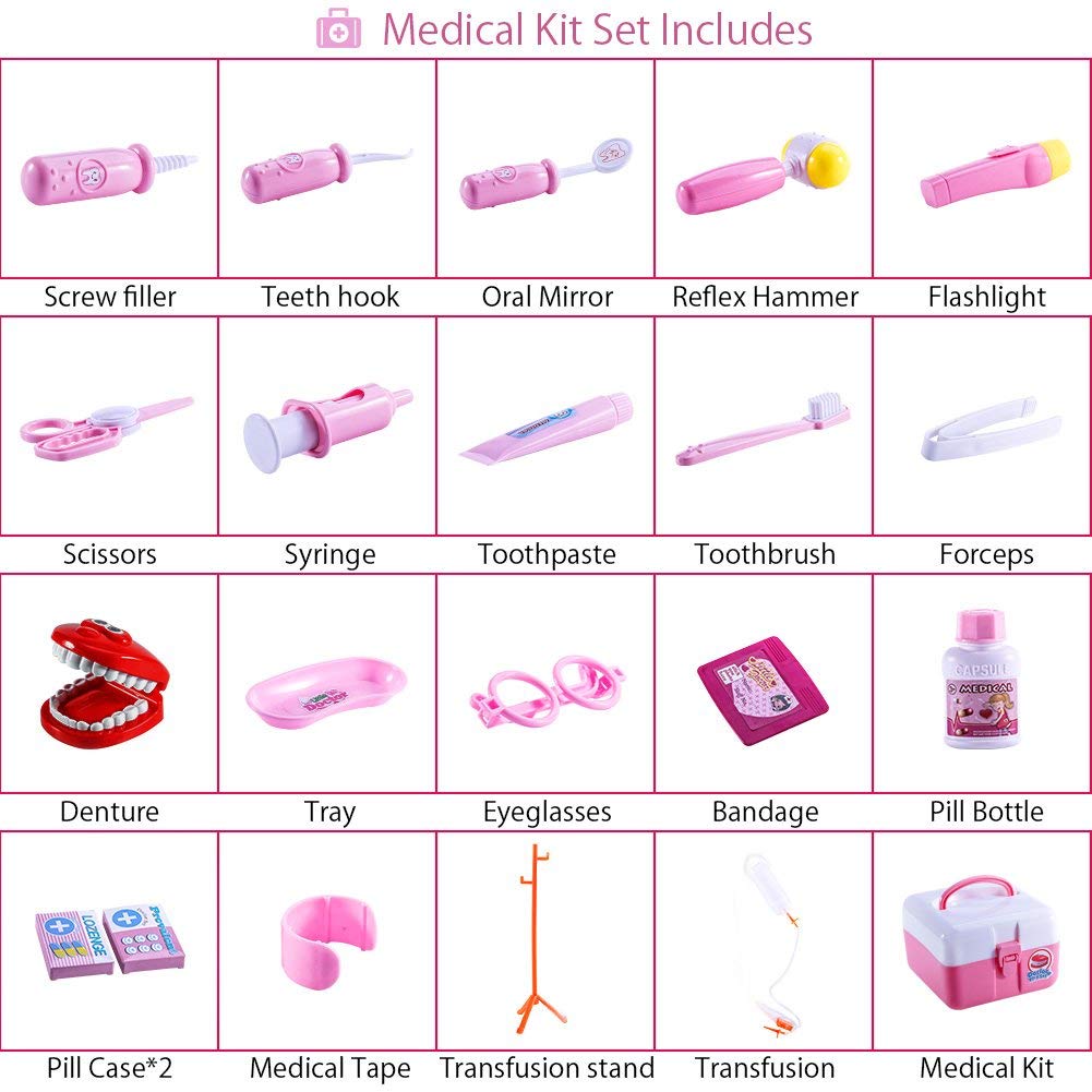 Garvee Dentista Giocattolo Dottore Set, 20 Pezzi, Custodia Robusta per Giochi di Ruolo, Scuola, Rosa