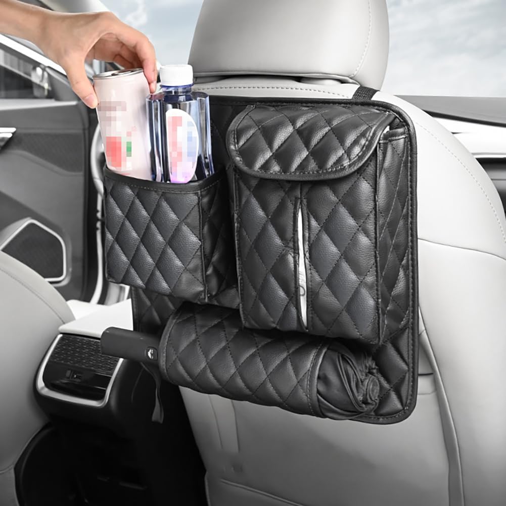 Garvee Organizer per seggiolino auto con portabicchieri, in pelle PU impermeabile, organizer da appendere al sedile posteriore per viaggi in famiglia, nero