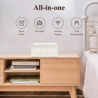Sveglia digitale in legno Garvee con 3 sveglie, display LED, ricarica wireless, controllo vocale, legno bianco, camera da letto e ufficio, 16x7x7 cm