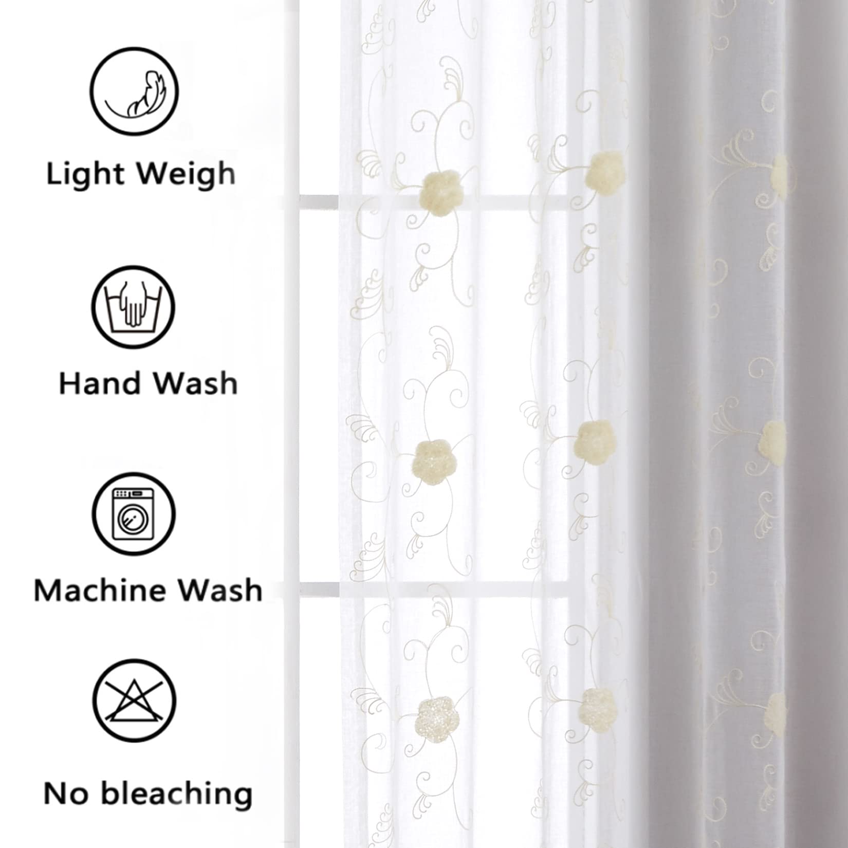 Tenda in voile GARVEE con motivo floreale, semitrasparente, beige, 140x245 cm, per cucina e bagno, leggera, facile da pulire