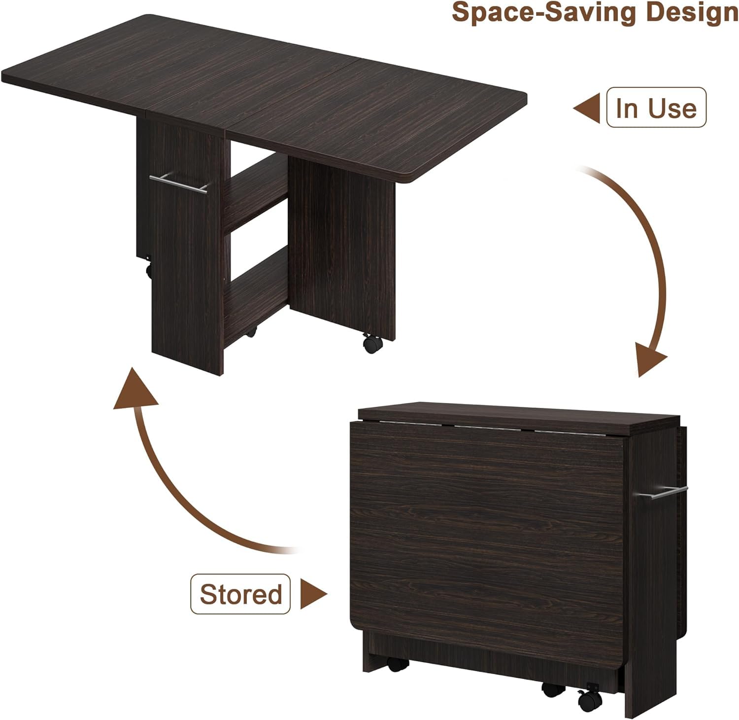 Tavolo da pranzo pieghevole Garvee con 6 ruote, ripiano a 2 livelli per piccoli spazi, noce scuro, 47,2"x23,6"x29,5"