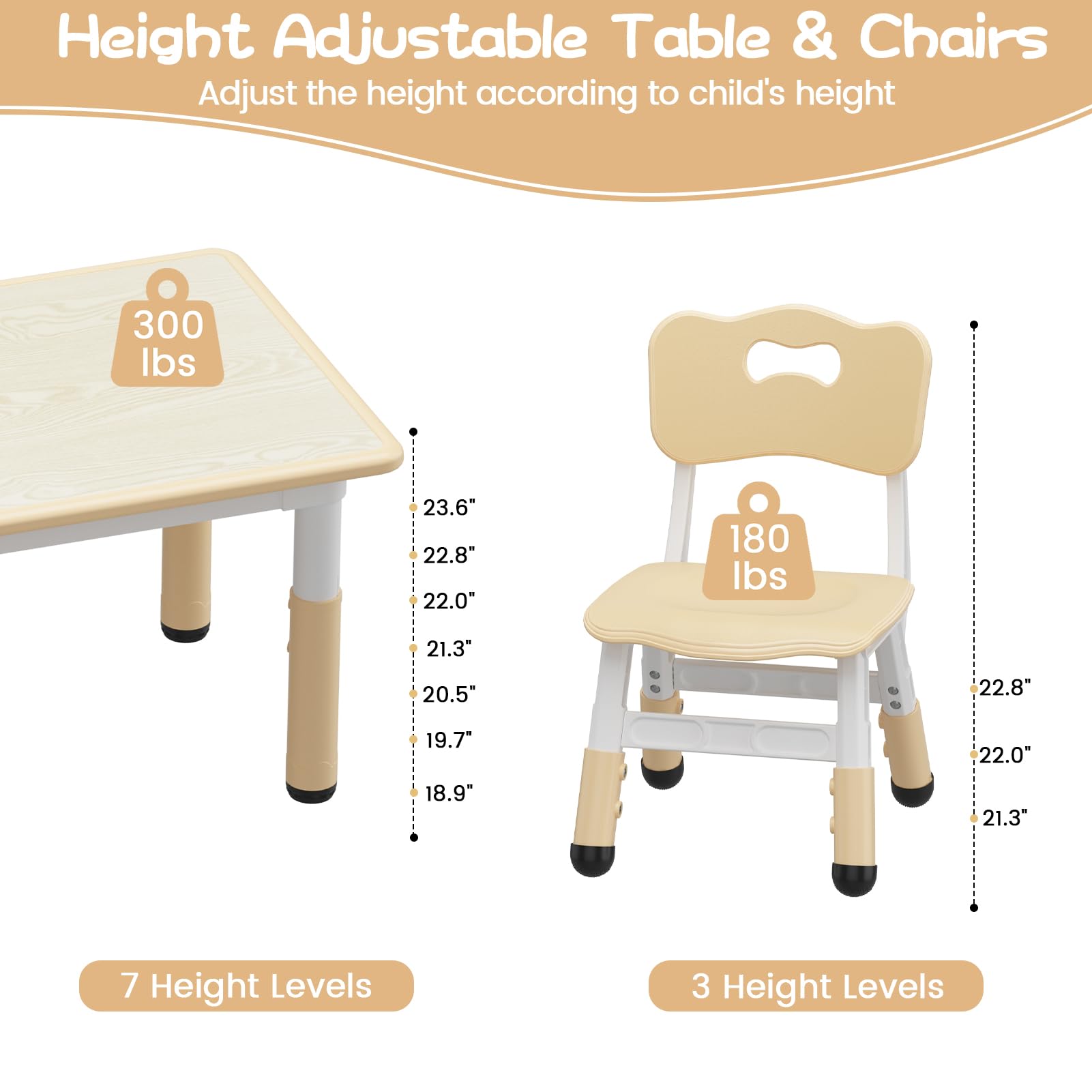 Garvee Tavolo Bambini con 4 Sedie Regolabile Altezza, Piano Scrivibile, Piedi Antiscivolo, Legno Rovere, Casa e Scuola, Multicolore