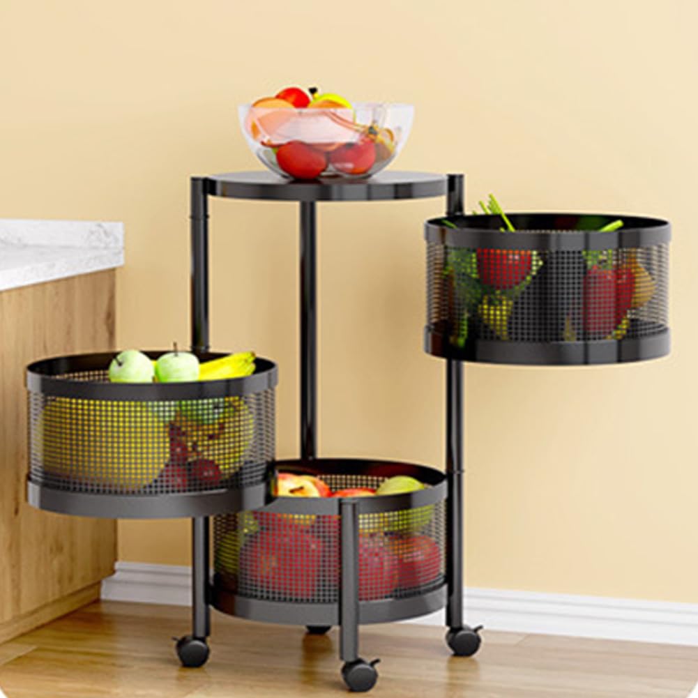 Carrello a 3 ripiani Garvee, cesto rotondo per frutta, portaverdure, carrello da cucina con ruote per cucina, bagno, soggiorno, 61 x ø30 cm, nero