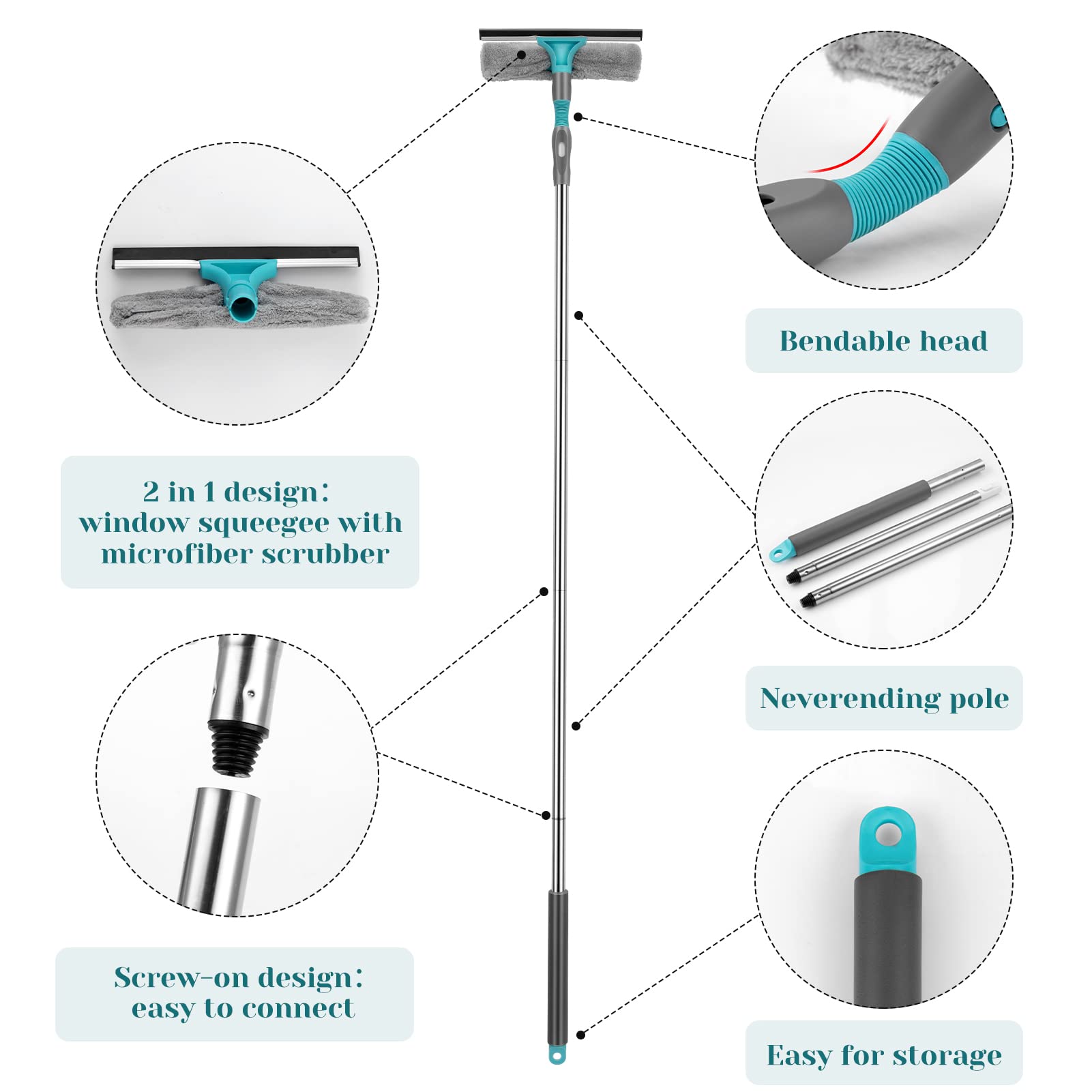 Raschietto per finestre Garvee 2 in 1 con asta telescopica da 65 pollici, testa flessibile, silicone, microfibra, acciaio inossidabile per finestre, docce e auto