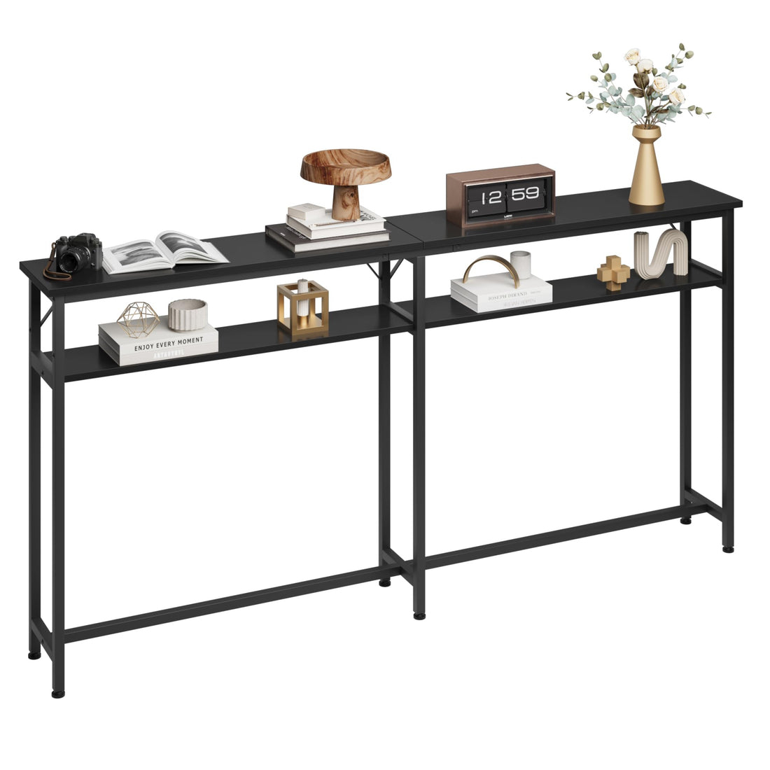 GARVEE Tavolo consolle stretto 180x23x100 cm, 2 ripiani, spazio di archiviazione, extra lungo, legno, nero, per corridoio e soggiorno