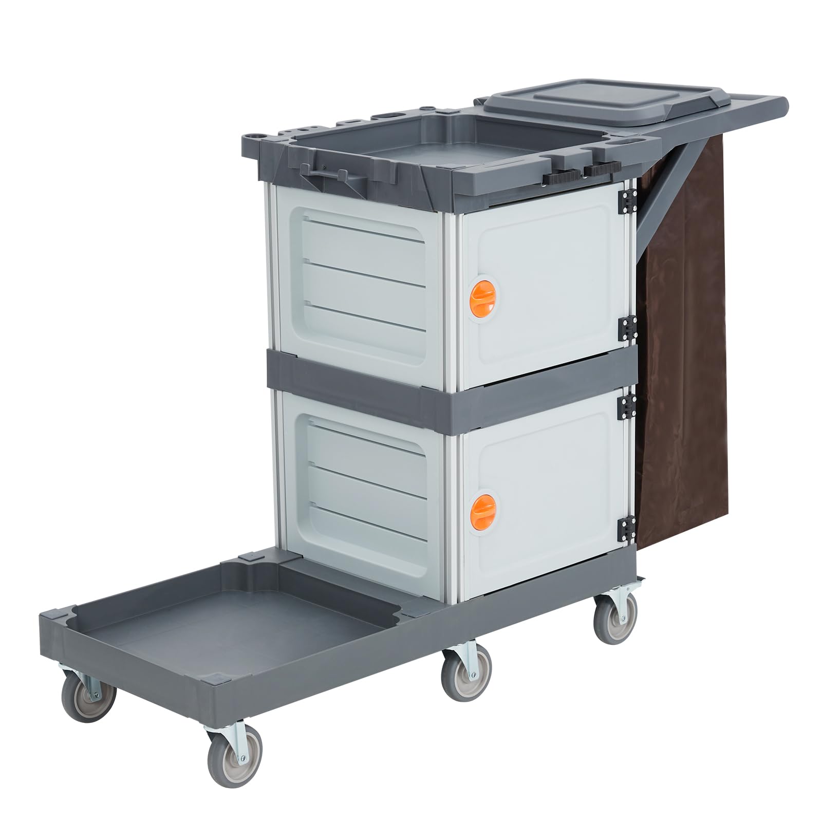 Carrello per pulizie commerciali Garvee con 2 armadietti, 3 ripiani, 6 ruote per ufficio e hotel, grigio, capacità 300 libbre